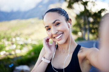 Happy woman, fitness and portrait smile for selfie, photo or profile picture in social media or online post in nature. Female person, athlete or runner smiling for photo, memory or vlog outdoors
