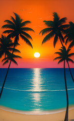Fototapeta na wymiar Sunset palm beach tree sunset chill poster graphic design palms water paradise tropical sea hawaii trees
