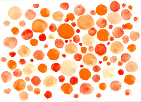 Abstract background of circles of different sizes and different shades of orange on a white background. Watercolor blur. Red, pink, orange, yellow colors.