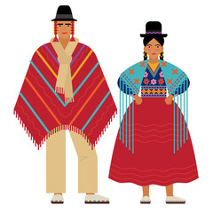 girl and young man in Bolivian folk costume isolated on a white background. couple of young people in the national traditional clothes of Bolivia. flat drawing in cartoon style. stock vector EPS 10. - obrazy, fototapety, plakaty