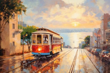 Retro cable car tram in sunset city street, San Francisco Bay and sunset in background. Generative ai vintage painting illustration. - 608924800