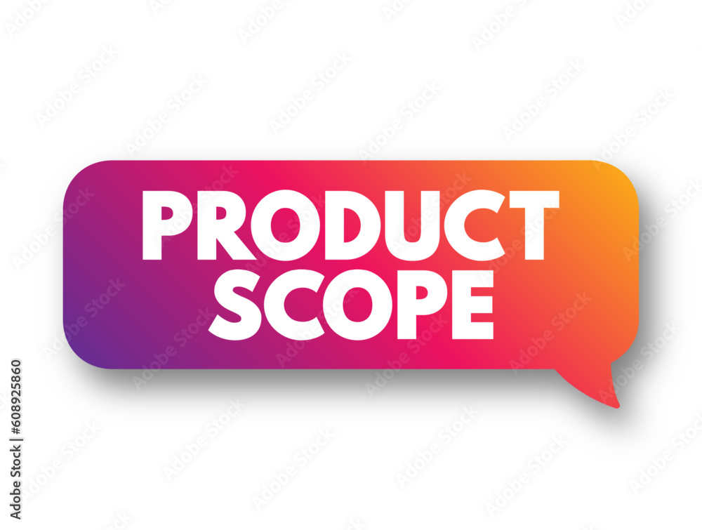 Poster product scope identifies the characteristics and functions of a product or service, text concept bac