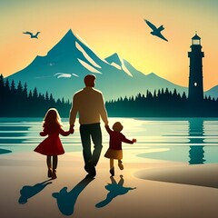 Father and Two Children , View from Behind, Walking Holding Hands into Sunset Nature | Generative AI