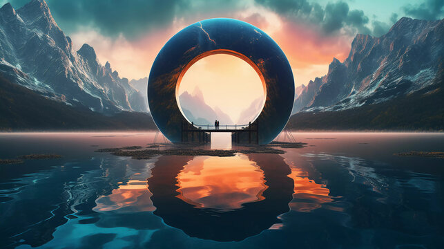 Abstract neon background with geometric circle shape, Beautiful frame and extraterrestrial landscape under the night sky and Rocks. Futuristic minimalist wallpaper. Created with Generative AI.	