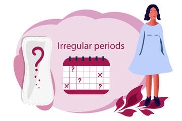 Irregular menstrual cycle, irregular periods, illustration. Flat character worried woman on background. Colorful scene for mobile, website, presentation