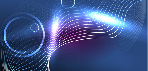 Neon lines and waves abstract background. Techno glowing neon shapes vector illustration for wallpaper, banner, background, landing page, wall art, invitation, prints, posters