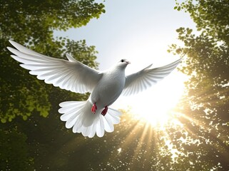 Obraz premium A free white dove holding green leaf branch flying in the sky. International Day of Peace concept background. created with Generative AI technology
