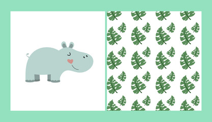 set of poster with a hippopotamus and a pattern with leaves.