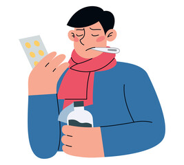 Sad ill man with pills blister and medicine in his hands and thermometer in his mouth . Flat vector minimalist illustration of different people