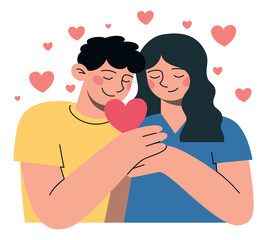 Happy couple man and woman in love with heart in their hands. Flat vector minimalist illustration of different people