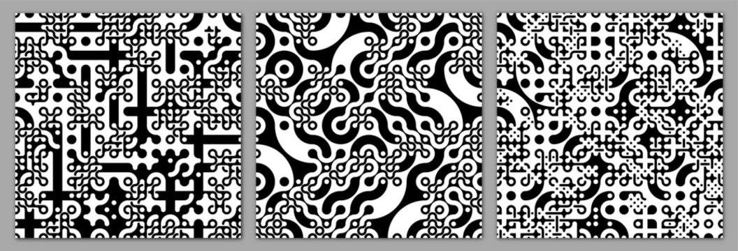 Three seamlessly tileable patterns of Truchet tiling. Repeating geometric black and white shapes. Creative coding computational design.