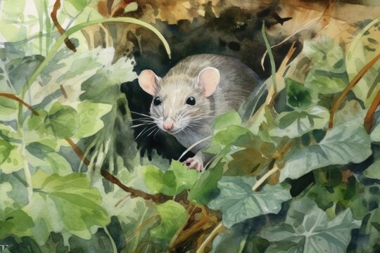 The agile rat scurries through dense foliage, its tiny feet navigating with ease. Watercolor painting. Generative AI