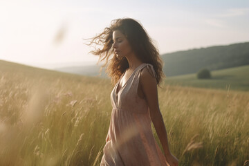 woman in a dress standing in a wheat field during sunset