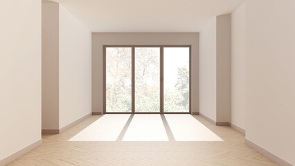 Wooden empty room interior design, open space with herringbone parquet floor, panoramic window, white walls, modern contemporary architecture concept idea