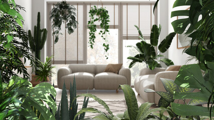 Jungle frame, biophilic idea. Tropical leaves over minimalist white living room with sofas and many houseplants. Urban jungle interior design. Biophilia concept