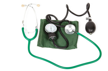 Medical sphygmomanometer and stethoscope on a white background. Blood pressure meter medical...