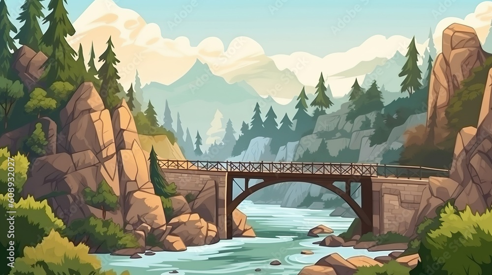 Poster background gorge. depiction of a gorge and a bridge in a banner design, featuring an abstract backgr