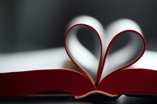 Book, pages and fold with heart shape in closeup for reading, learning or literature by blurred background. Paper, icon and love story with emoji for education, knowledge and development at library