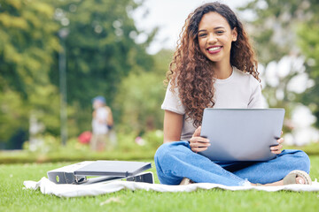 Study, laptop and portrait of woman in park for education, relax and college research. Elearning, university and scholarship with student on grass lawn for technology, school report and online exam