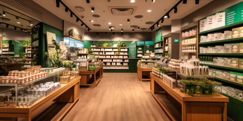 a large shopping display filled with green products