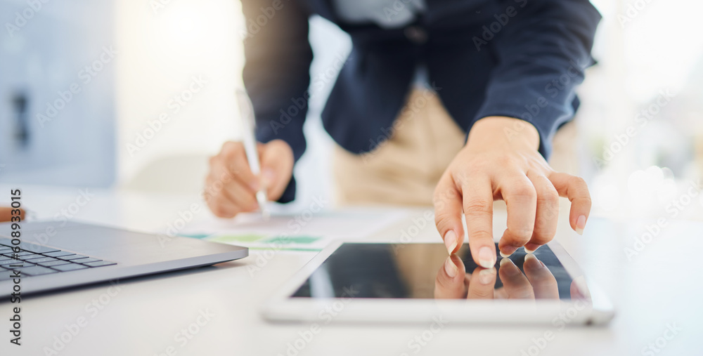 Poster office tablet, hands and business person scroll, typing or writing notebook summary of online report