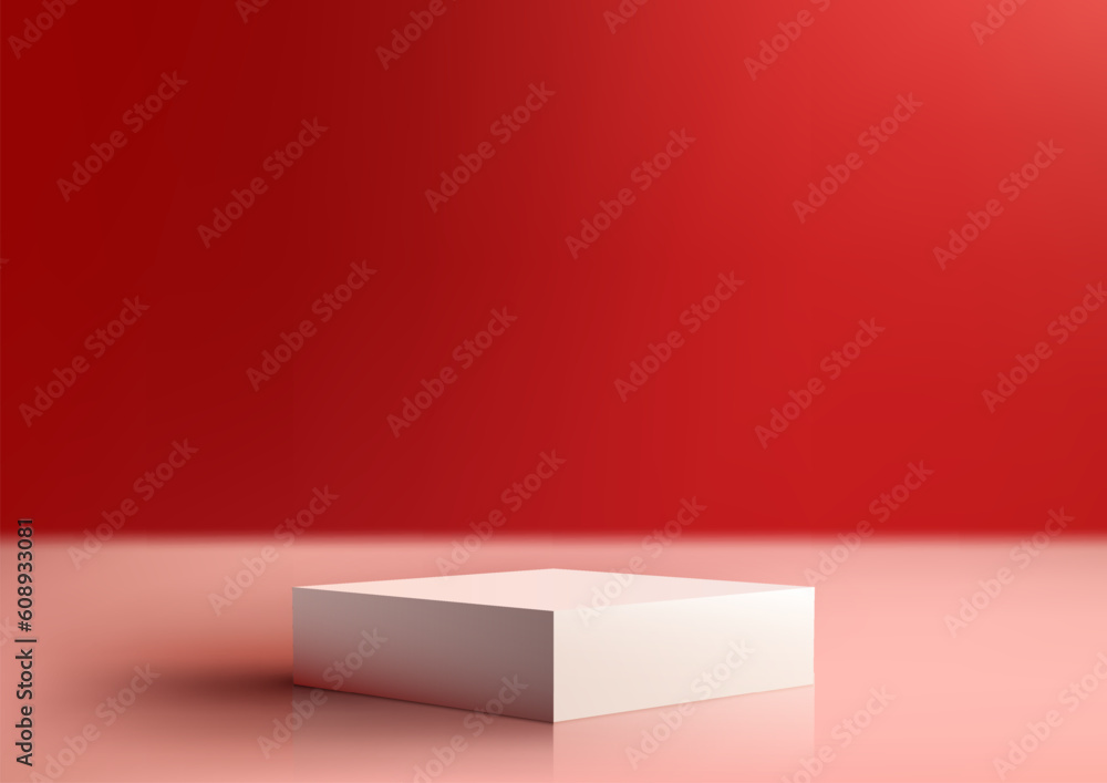 Poster 3d realistic empty white podium stand on red background minimal style