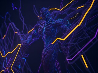 Neon hi tech background. Glowing neon robot. AI Generated