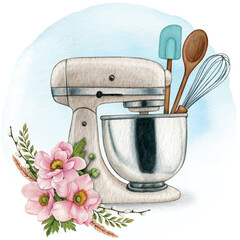Watercolor hand drawn stand mixer with floral decoration and coo - obrazy, fototapety, plakaty