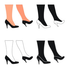 Silhouette outline of female legs in a pose. Shoes stilettos, high heels. Walking, standing, running, jumping, dance