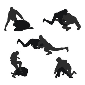 Set of real silhouettes of sambo athletes in sambo wrestling, combat sambo, duel, fight, jiu jitsu. Martial art, sportsmanship