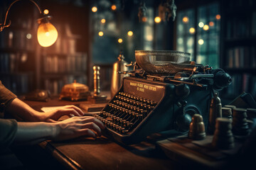 person writing on vintage typewriter with old paper