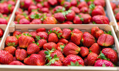 Frische reife Erdbeeren in kleinen Holzschachteln, die auf einem lokalen Markt verkauft werden.