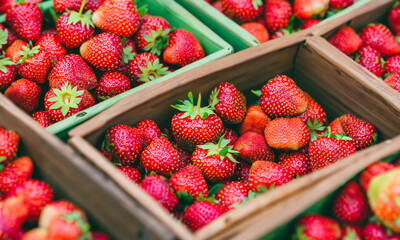 Frische reife Erdbeeren in kleinen Holzschachteln, die auf einem lokalen Markt verkauft werden.
