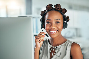 Black woman, call center and a face with a headset at computer for customer service or sales. Smile...