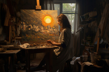 Female artist painting a picture