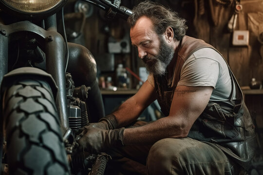 portrait of a male mechanic repairing a motorcycle