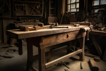A wooden workbench in a woodworking shop, scattered with hand tools and wood shavings, demonstrating the process of a work in progress.
