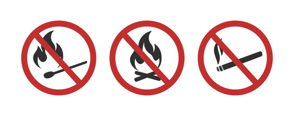 Set of round prohibition signs, no smoking, no bonfire, no fire. Danger zone for the environment, warning.