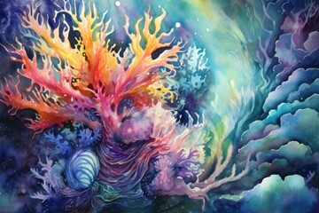 Obraz na płótnie Canvas Vibrant creature in thriving coral reef. Watercolor painting. Generative AI