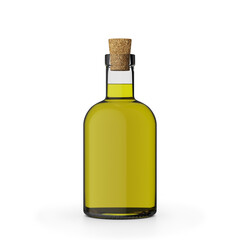 3d illustration of an Olive oil glass bottle with cork. White background and shadow. No label.