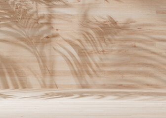 Empty scene with palm leaves shadows. Wooden background. Template for product, cosmetic presentation. Natural mock up. Backdrop with empty, copy space. Display, showcase. 3D rendering.