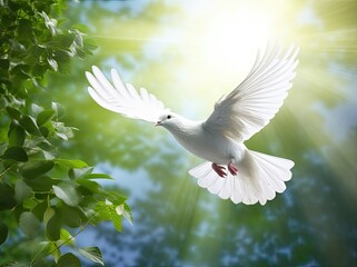Obraz premium A free white dove holding green leaf branch flying in the sky. International Day of Peace concept background. created with Generative AI technology