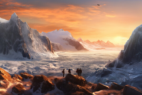 Hikers overlooking an arctic iceberg and glacier panorama with mountains in the background at sunset