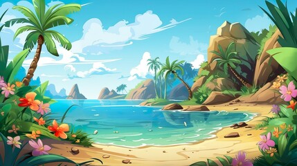 Fototapeta na wymiar Background tropic island. A tropical paradise comes to life in a banner design with an abstract background and a meticulously rendered illustration. Generative AI.