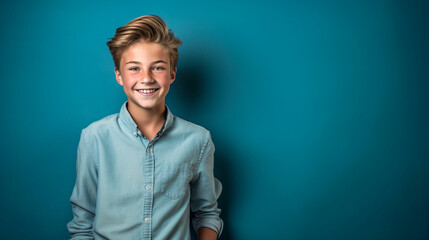Portrait of a smiling teen boy in a blue shirt on a blue background.  Happy Teen boy in blue shirt smiling on blue background. Cheerful blonde  kid looks to the camera. Digital art - obrazy, fototapety, plakaty