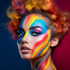 Naklejka premium Portrait of beautiful young woman with colorful hair and bright makeup. Beautiful young woman in portrait with vibrant makeup and vivid hair. Art Portrait of a gorgeous lady with colorful hairstyle