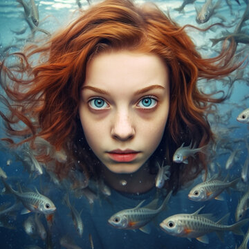 Portrait of a beautiful red hair girl in the swimming pool. 3d rendering. Close up digital art portrait of  attractive girl under water, staring to the camera. Ai art.