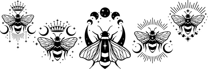 Set of queen bee logo with stars and moon. Collection of magic bumblebee with crown. Bee kind. Logo Design with bee. Vector illustration of bee