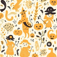 Fototapeta premium Sketch Halloween seamless pattern with brown and orange colors. Generative AI