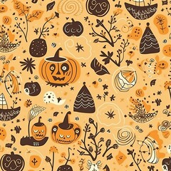 Sketch Halloween seamless pattern with brown and orange colors. Generative AI